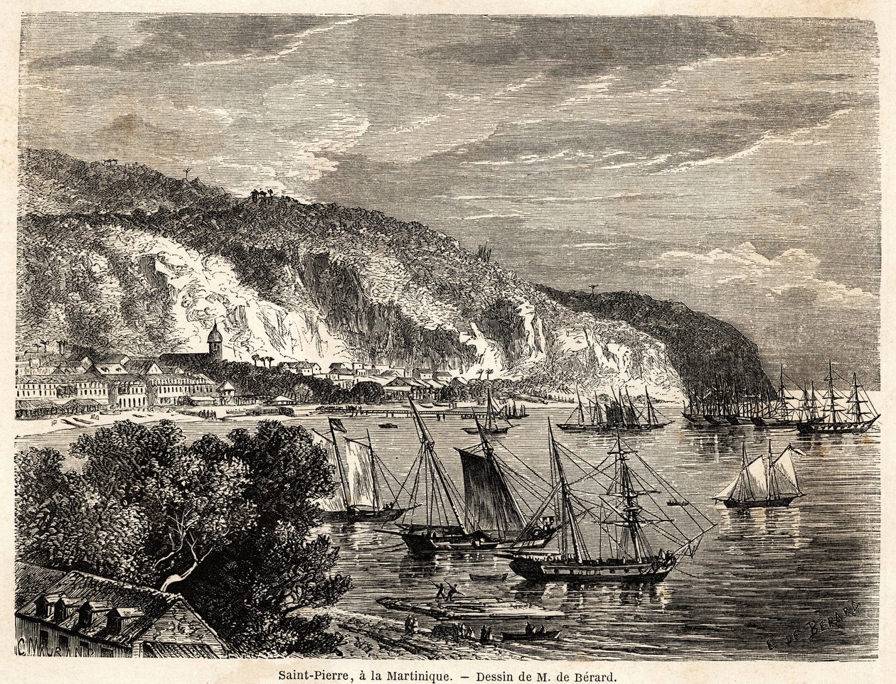 Uitzicht op Saint Pierre, in Martinique, tekening door Auguste de Berard (1824-1881), ter illustratie van de reizen naar de West-Indië, in 1858-1859, door Anthony Trollope (1815-1882). Gravure in "Le tour du monde, nouveau journal des voyages" Parijs door Evremond de (after) Berard