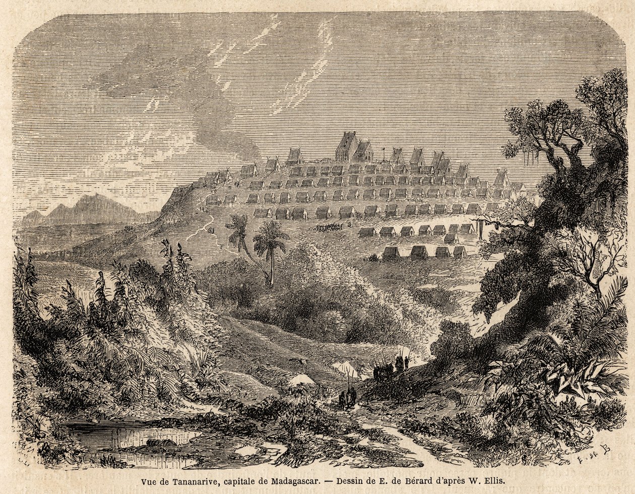 Uitzicht op Tananarive, hoofdstad van Madagaskar, tekening door Evremond de Berard (1824-1881), ter illustratie van Ida Pfeiffer