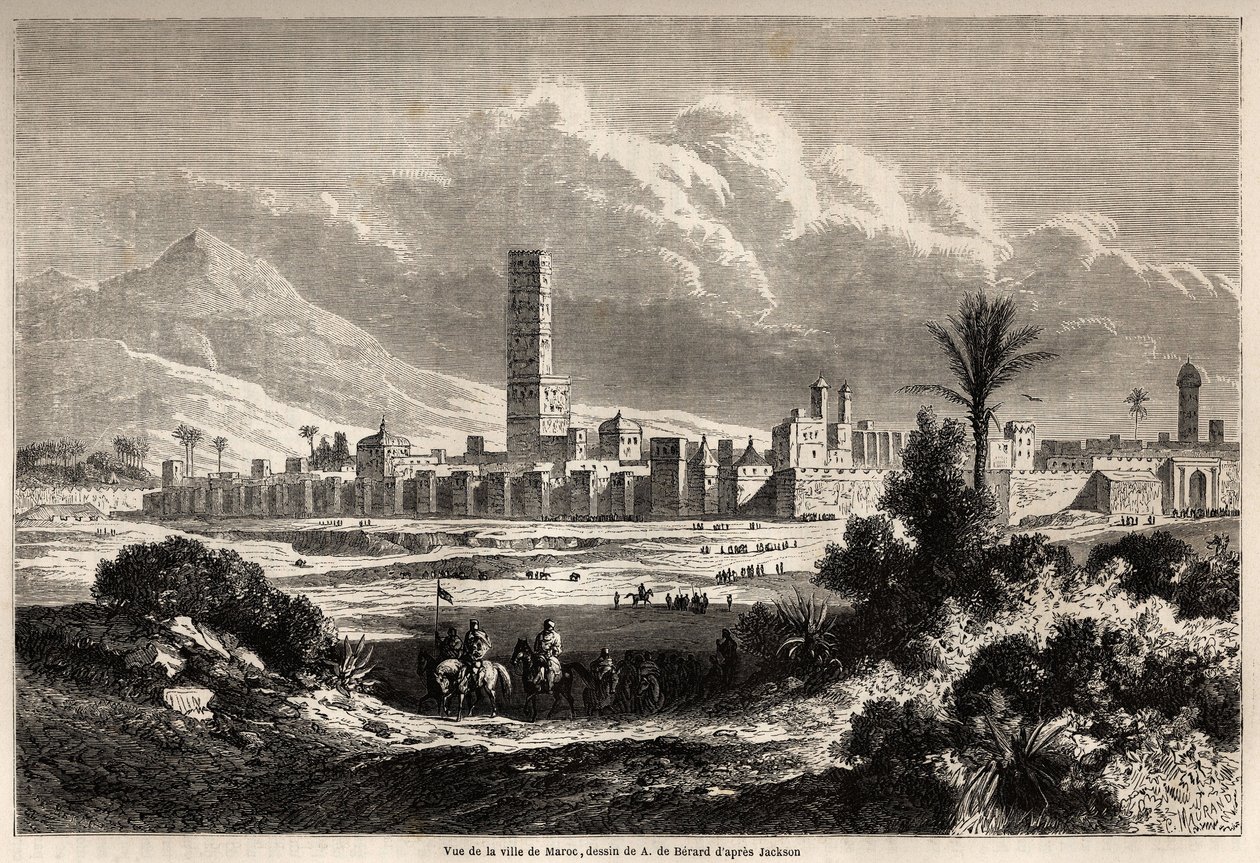 Uitzicht op de stad Marrakech (voorheen Marokko), tekening door Auguste de Berard (1824-1881), ter illustratie van de reis van de heer F. Schickler naar Marokko in 1860. Gravure in 