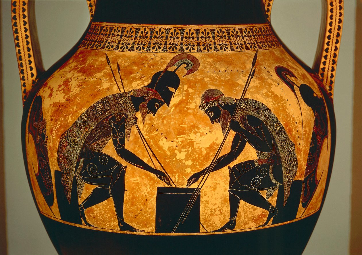 Attische zwartfigurige amfoor met Achilles en Ajax die dobbelstenen spelen, uit Vulci, ca. 540-530 v.Chr. (detail) door Exekias Exekias