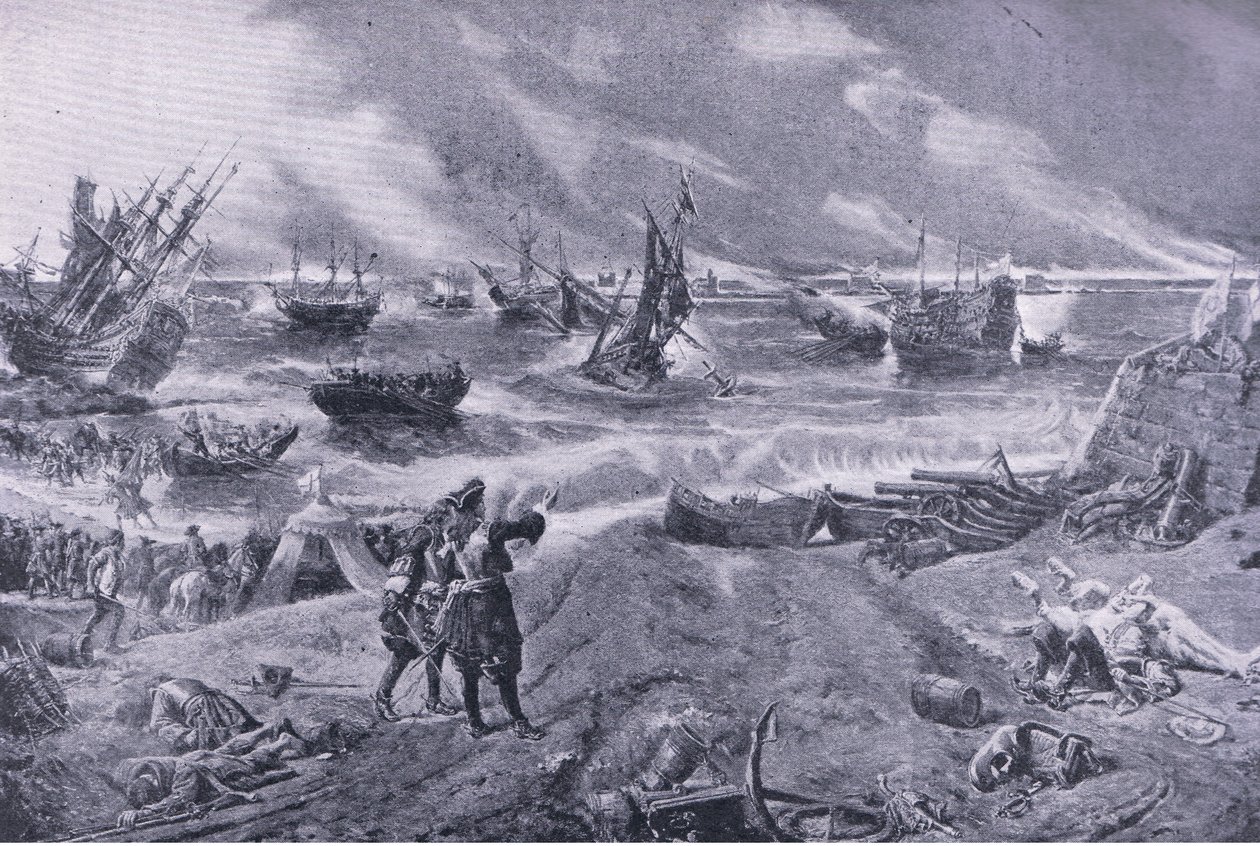 James II bij de Slag bij La Hogue, 23 mei 1692, illustratie uit British Battles on Land and Sea, 1915 door Eyre Crowe