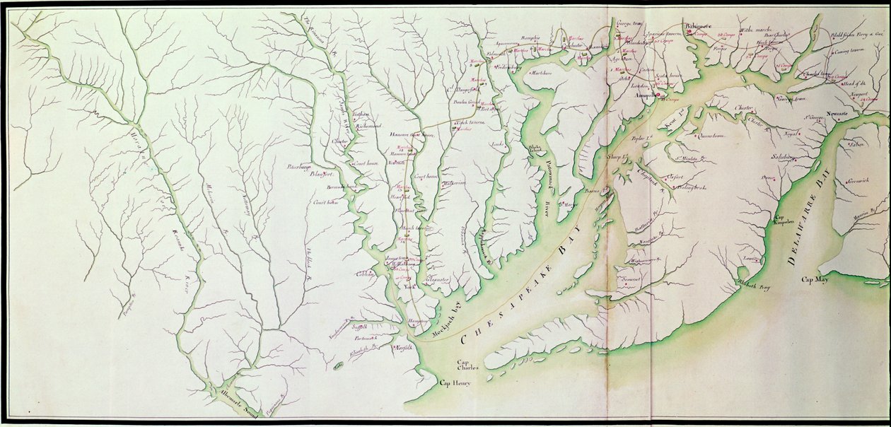 Algemene kaart van de kampen en marsen van het leger in Amerika op bevel van Rochambeau, detail van de linkerzijde, uit Guerre de lAmerique, ca.1780-81 kleuren gravure door F. Dubourg