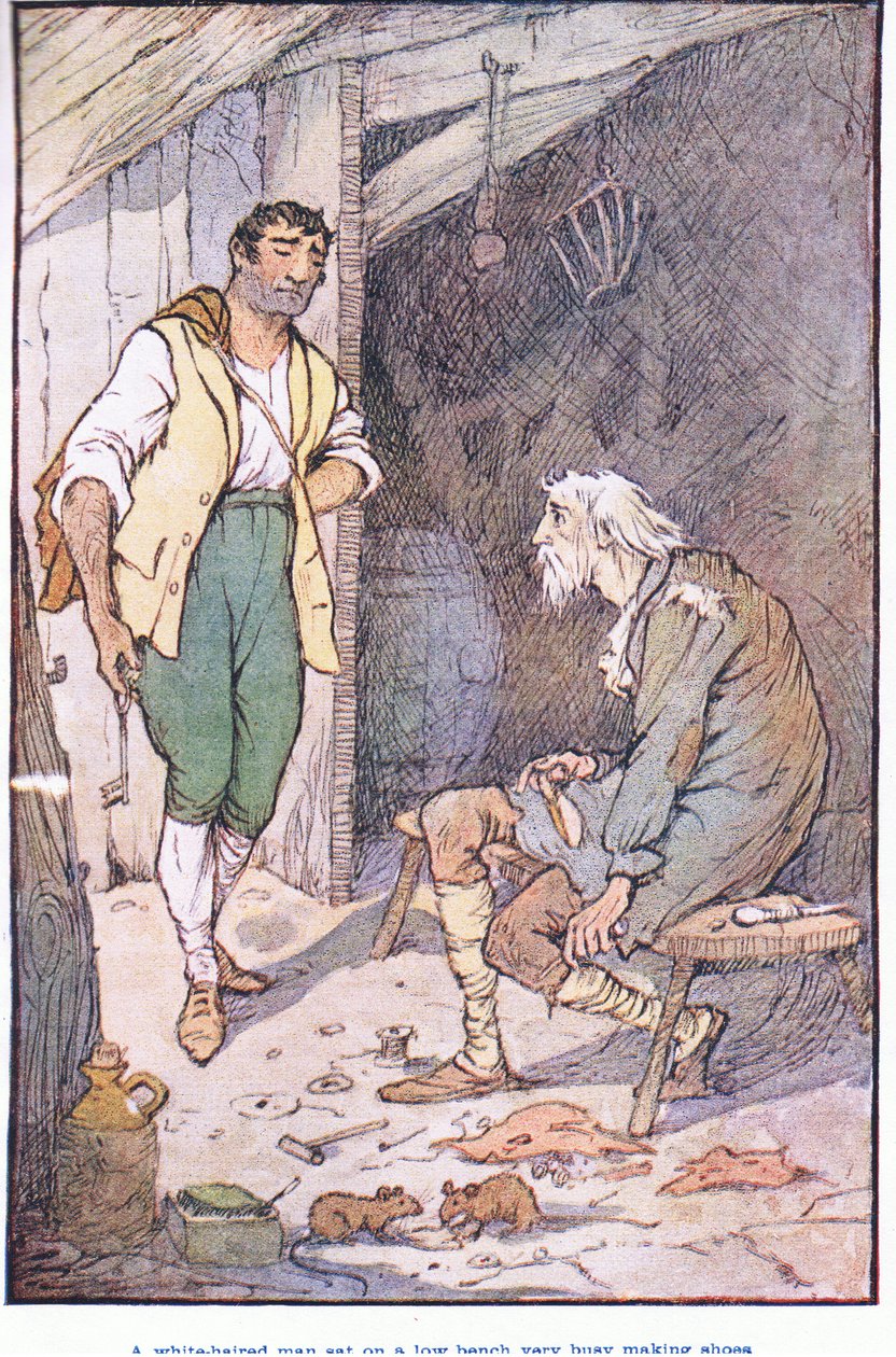 Een grijsharige man zat op een lage bank, druk bezig met het maken van schoenen door F. M. B. Blaikie