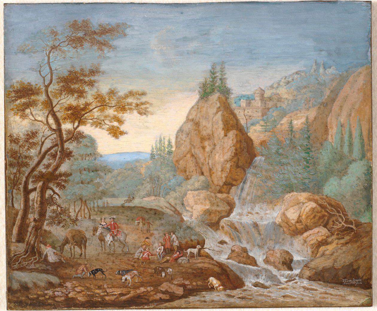 Berglandschap met een jachtpartij op de voorgrond door F.C. van Bracht