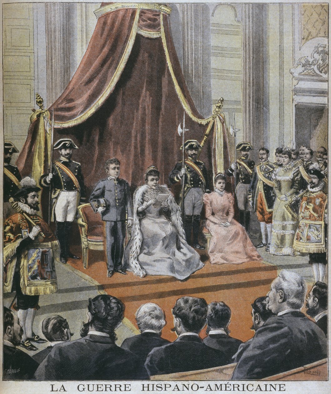Spaans-Amerikaanse oorlog in Spanje, de koningin leest haar boodschap aan de Cortes, Madrid, illustratie uit 