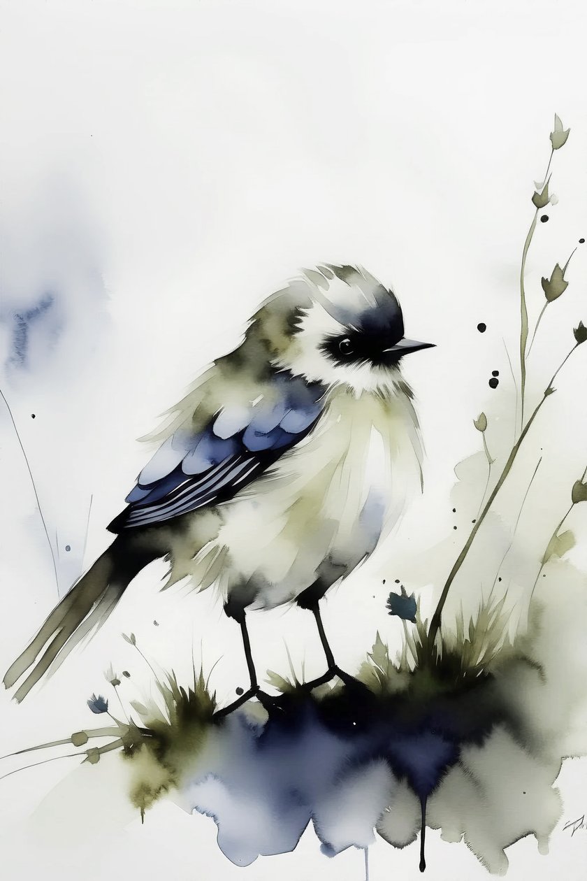 Een eenzame vogel in aquarel door F. Abderrahim