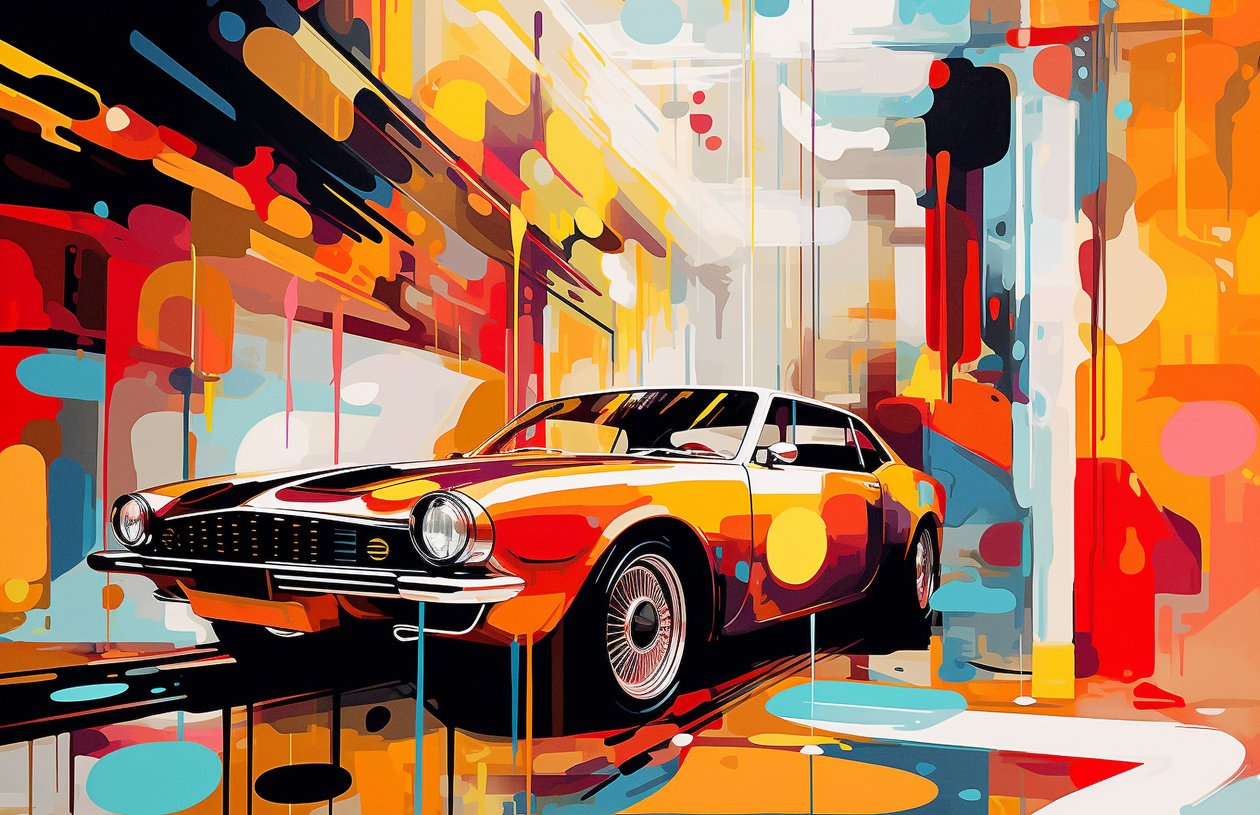 Abstracte oude Amerikaanse auto schilderij, jongvolwassen kamer decor, muurkunst prints door F. Abderrahim
