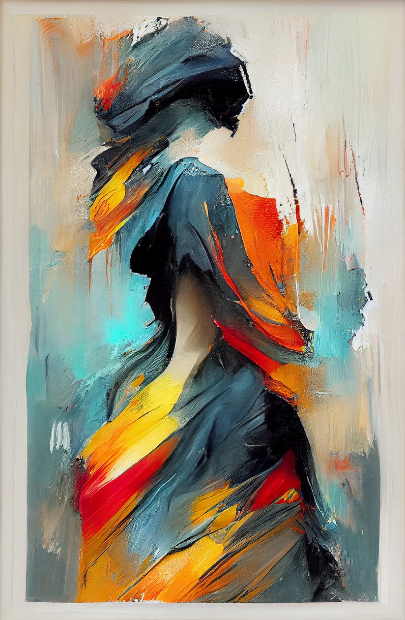 Abstract impressionistisch olieverfschilderij van een dansende vrouw door F. Abderrahim