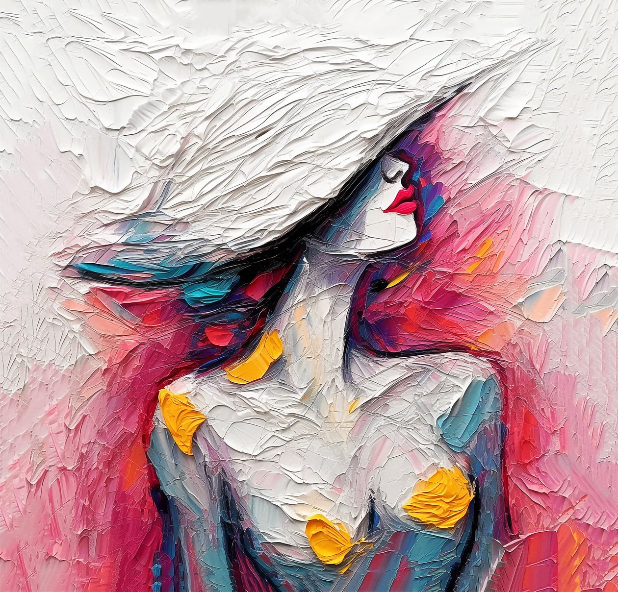 Abstract olieverfschilderij modeportret dame, muurkunstafdrukken te koop door F. Abderrahim