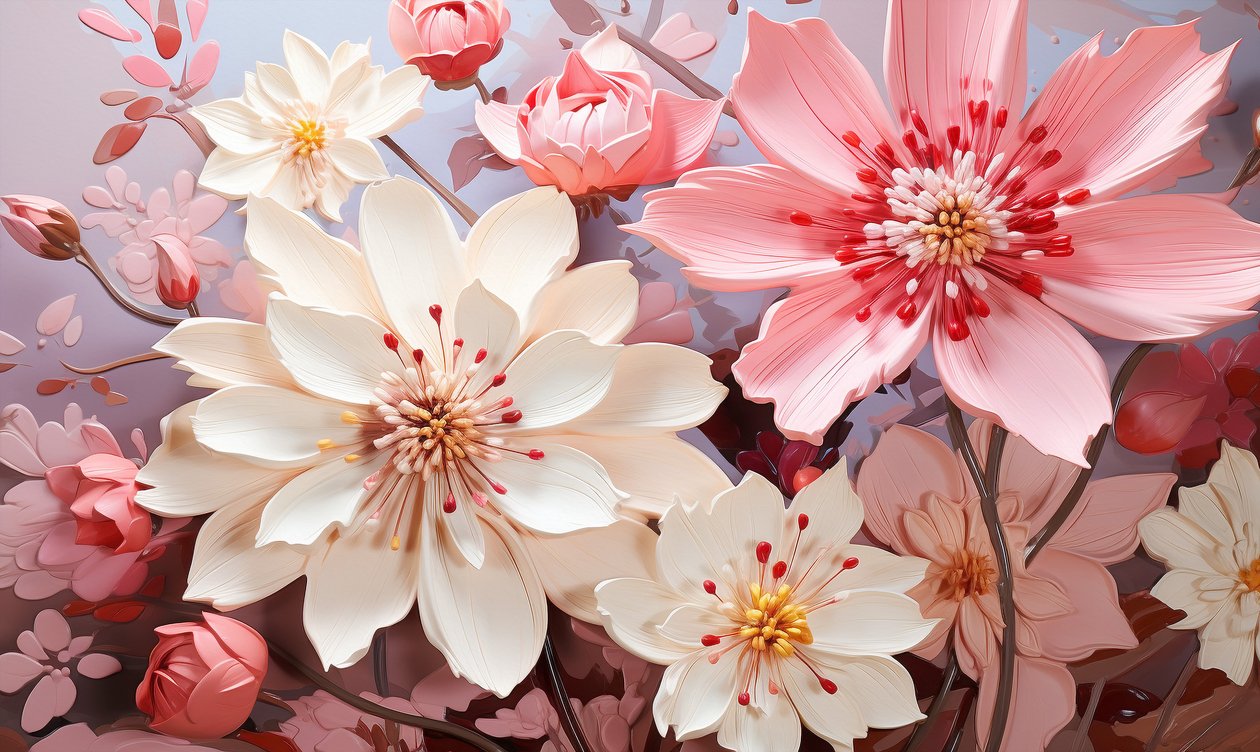 Abstract schilderij van roze en zwarte bloemen door F. Abderrahim