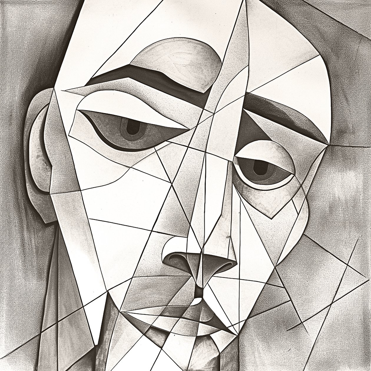 Abstract primitieve potloodtekening die een melancholisch gezicht portretteert door F. Abderrahim