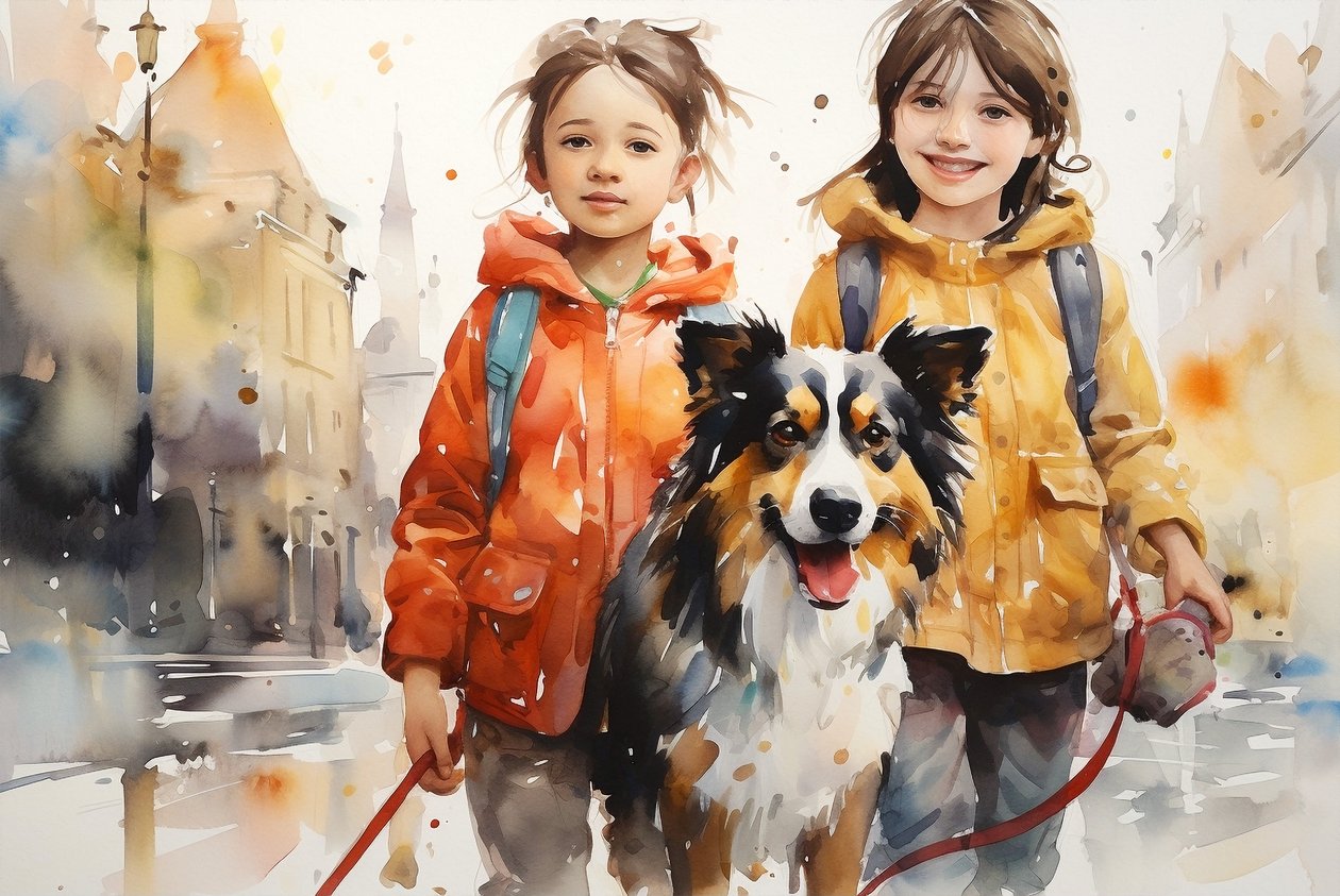 Aquarel portretschilderij van hond en kinderen door F. Abderrahim