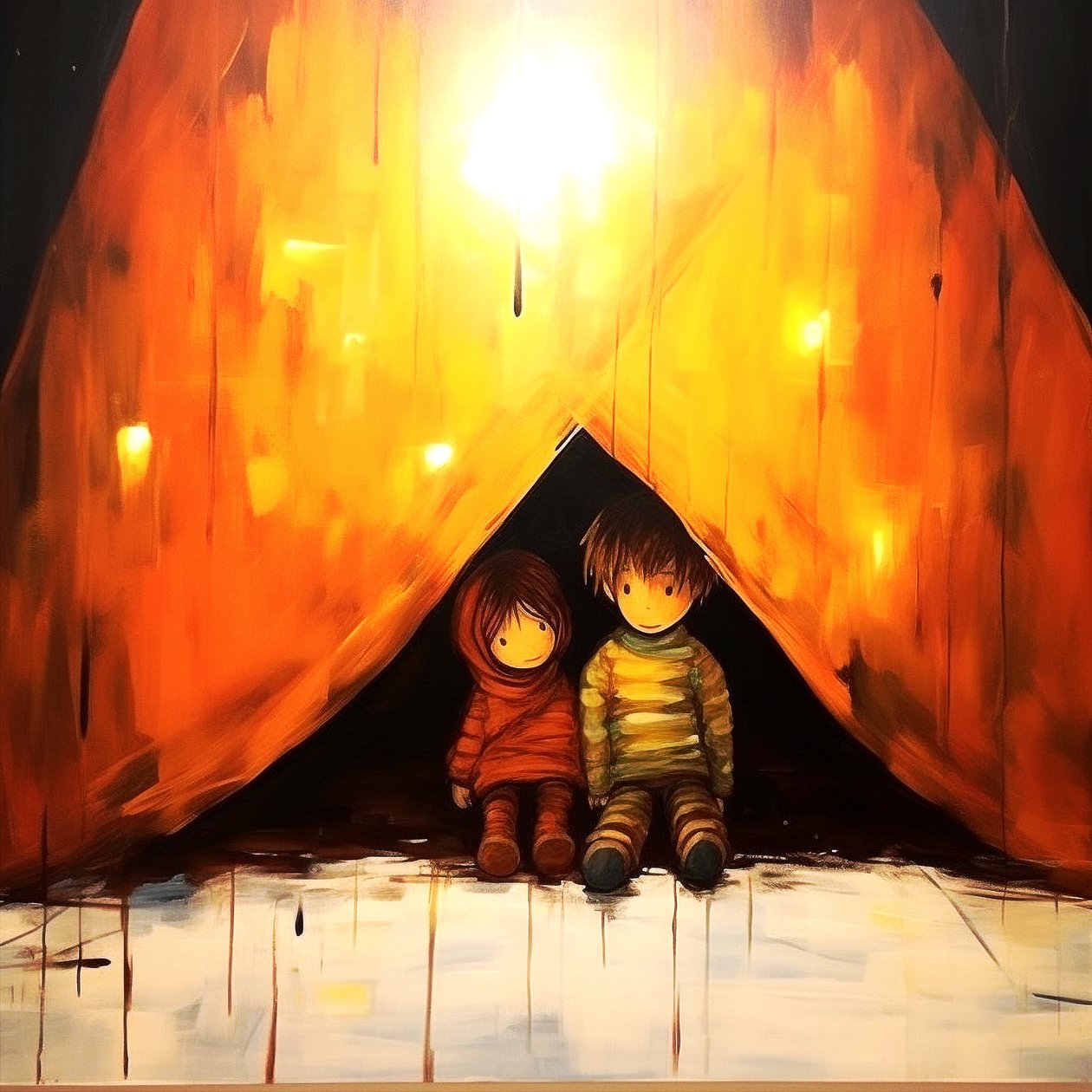 Tekening van twee onschuldige kinderen, surrealistische muurkunst | Canvasafdrukken door F. Abderrahim