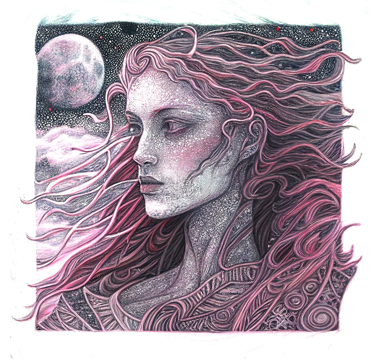 Fijne lijnkunst vrouw portret grafisch, muurkunst prints door F. Abderrahim