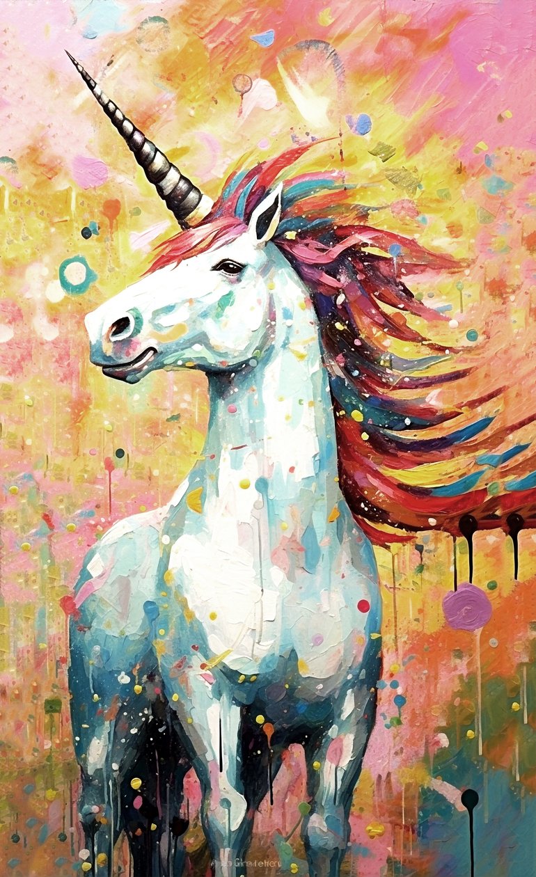Gehoornde paarden schilderij, mythische wezens door F. Abderrahim