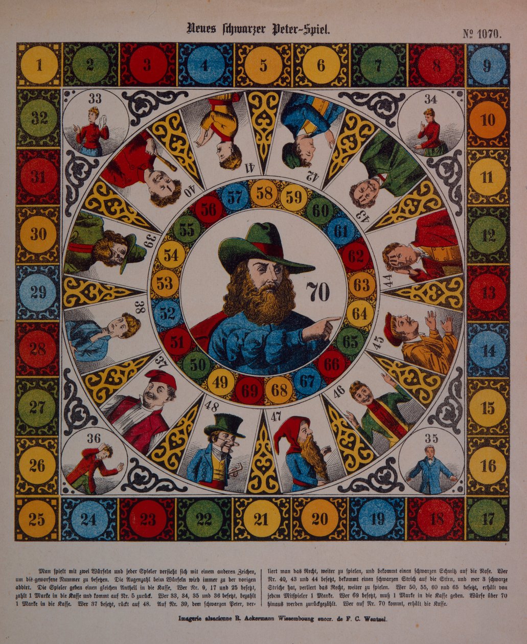 Spel van Schwarzer Peter, of Zwarte Peter, affiche gepubliceerd door Ackermann, Wissembourg door F. C. Wentzel