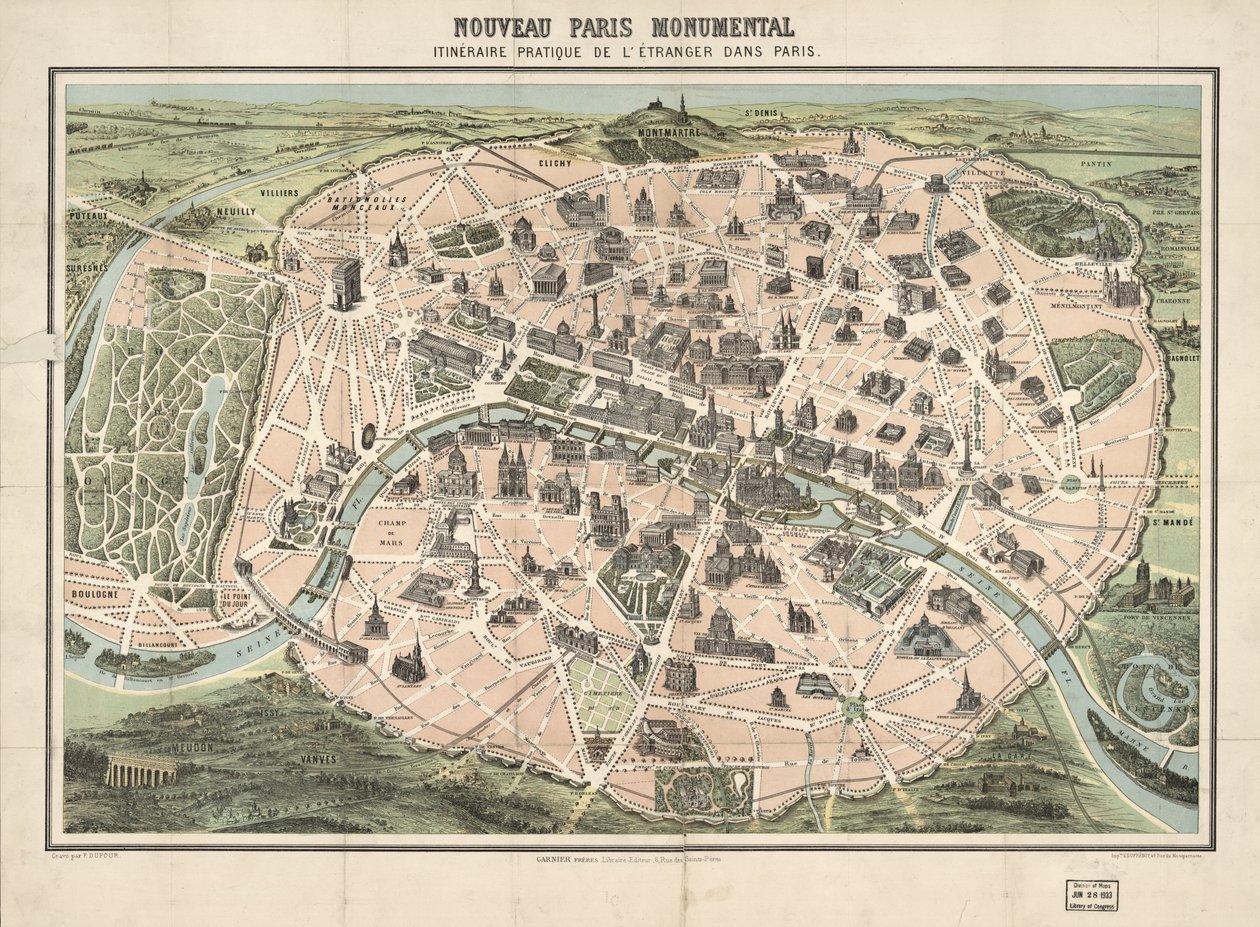 Geselecteerde gebouwen picturaal weergegeven. Vogelvlucht. LC-kopie gemonteerd op doek. Beschikbaar ook via de website van de Library of Congress als rasterafbeelding door F.; Garnier Frères; Dufrénoy Dufour