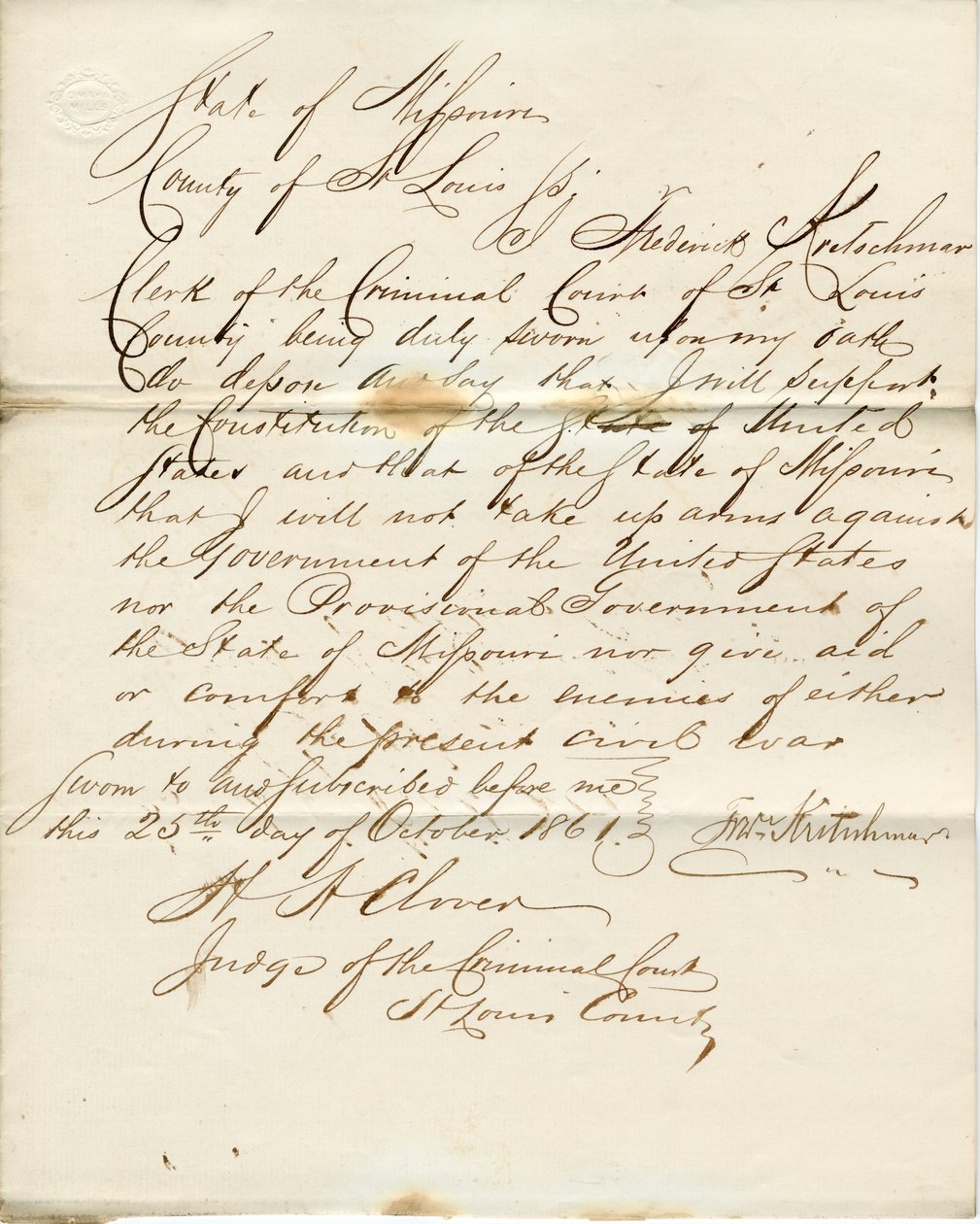 Loyaliteitseed van Frederick Kretschmar, Staat Missouri, County of St. Louis door F. Kretschmar