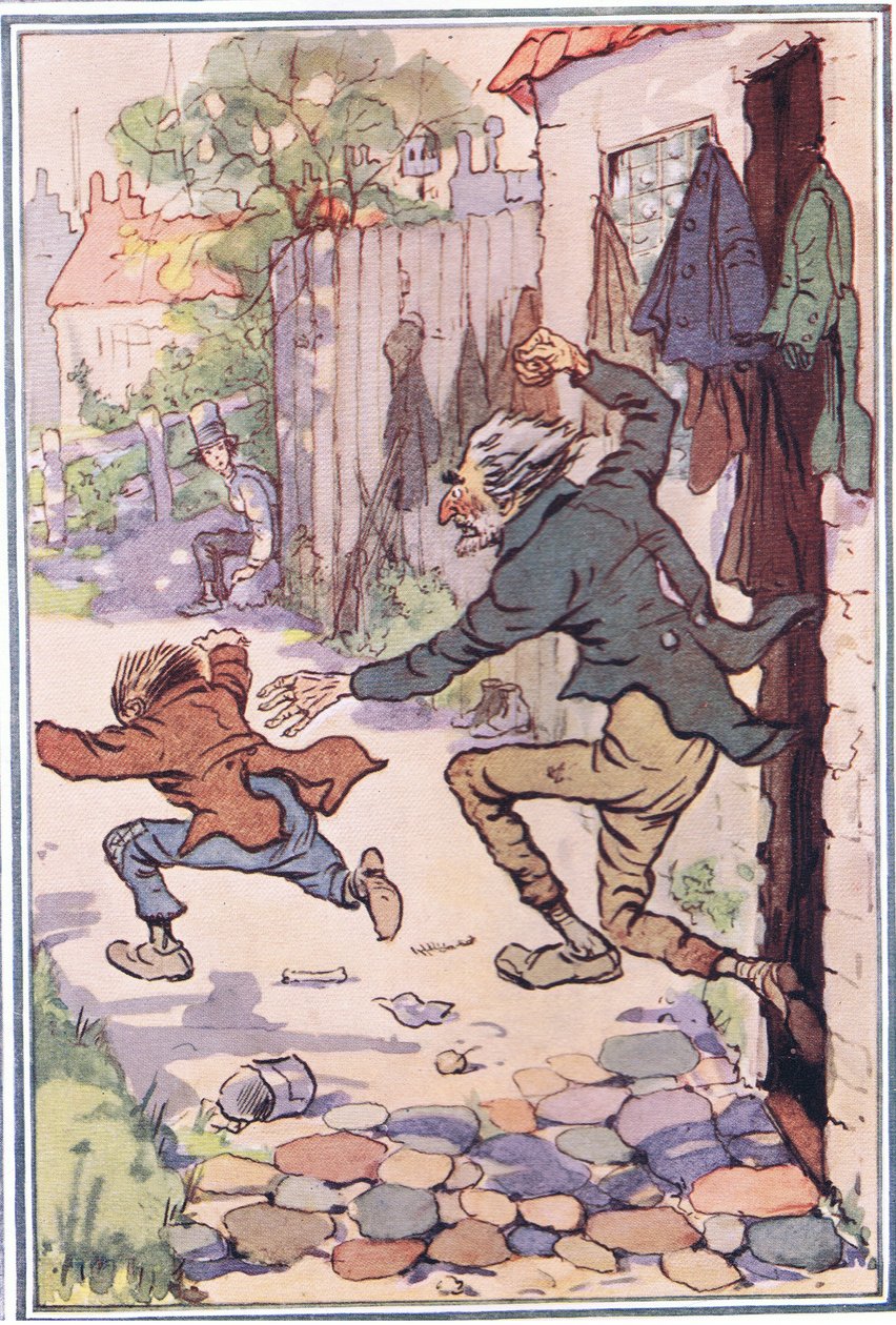 Hij stormde de winkel uit achter hen aan en stuurde ze vliegend weg, illustratie uit David Copperfield, 1914 door F. M. B. Blaikie
