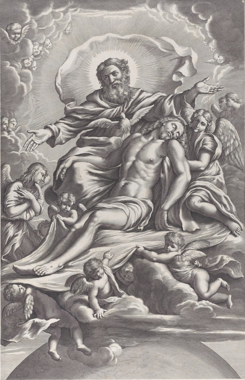 De Heilige Drie-eenheid, met de dode Christus in het midden omringd door engelen, God de Vader door F. de Louvement