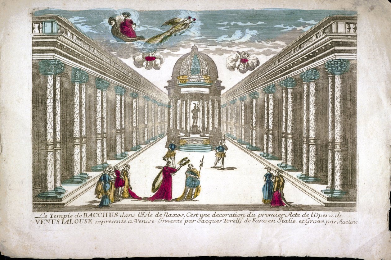 De tempel van Bacchus Illustratie voor act I van de opera "La venere gelosa" (Venus jaloers) door Francesco Sacrati. Decor door Jacopo Torelli door Family Aveline