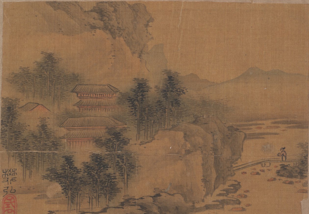 Landschap met man die brug oversteekt door Fan Hong