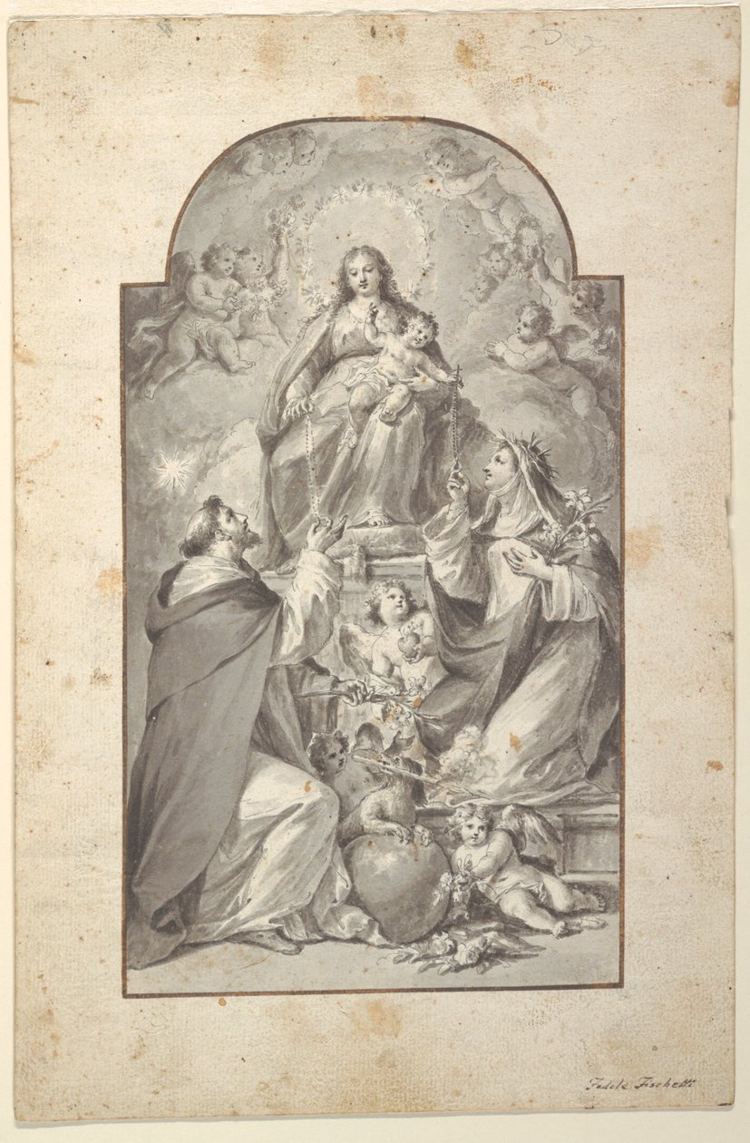Ontwerp voor een Altaarschilderij, Sint Dominicus en Sint Catharina van Siena Ontvangen de Rozenkrans van de Maagd en het Kind door Fedele Fischetti