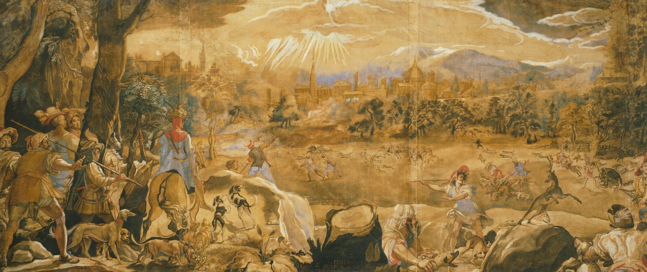 Jachtscène met denkbeeldig Florence, door Federico Zuccaro (ca. 1540-1609) door Federico Zuccaro