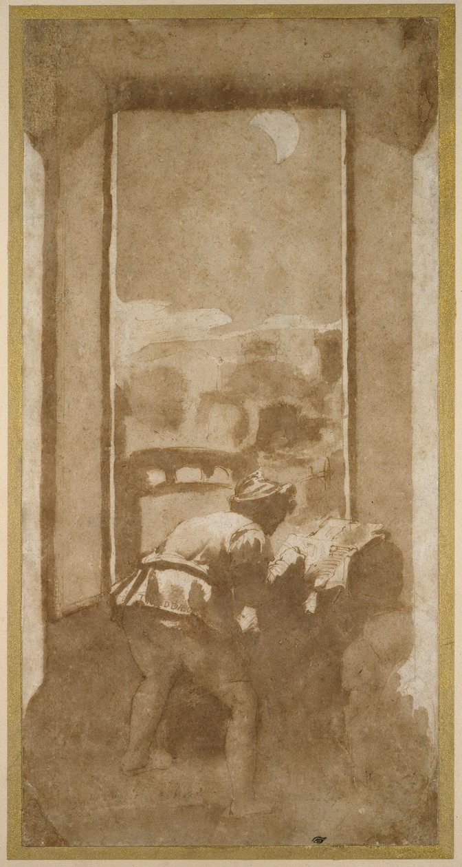 Man die bij maanlicht tekent vanuit het raam van een huis (pen en inkt met was op papier) door Federico Zuccaro