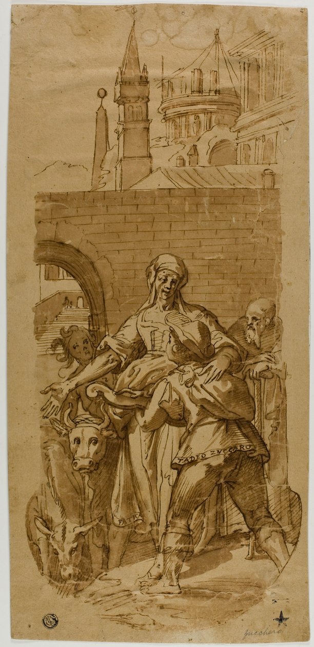 Taddeo Zuccaro bij de ingang van Rome, begroet door dienstbaarheid, ontbering en arbeid door Federico Zuccaro