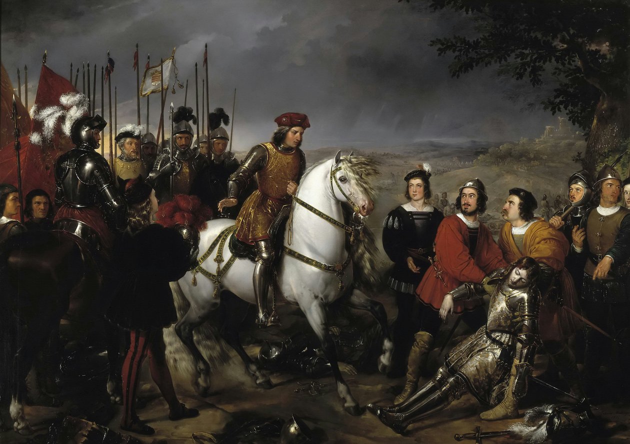 Spaans: El Gran Capitán recorriendo el campo de la batalla de Ceriñola Gonzalo Fernández de Córdoba bij de slag om Cerignola
 of Spaans: El Gran Capitán después de la batalla de Ceriñola encuentra el cadáver de Luis de Armagnac Gonzalo Fernández de Córdoba door Federico de Madrazo y Kuntz