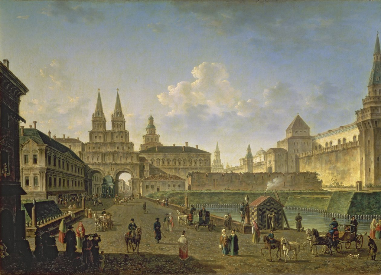 Uitzicht op de Voskresensky en Nikolsky Poorten en de Neglinny Brug vanaf Tverskay Straat in Moskou, 1811 door Fedor Yakovlevich Alekseev