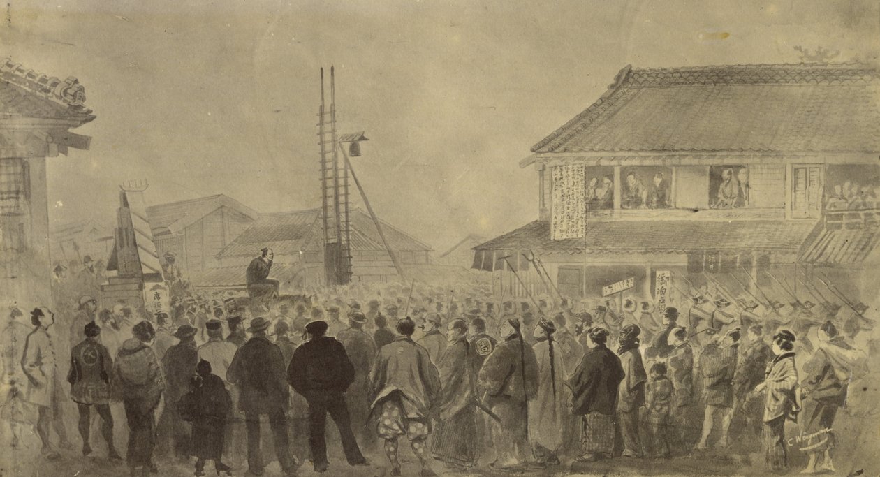 Fotografische kopie van een tekening door Charles Wirgman van een executie door Felice Beato