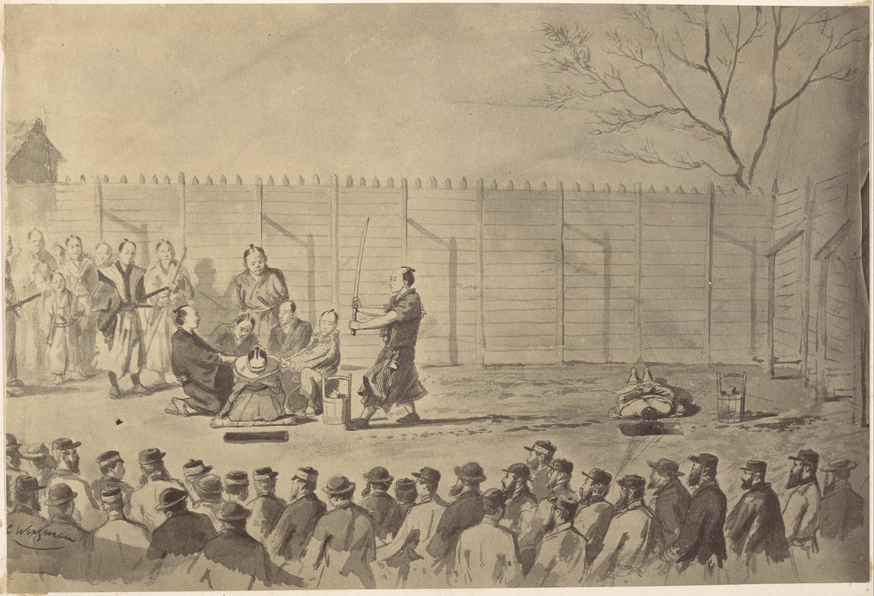 Fotografische Kopie van een Tekening van een Japanse Man die Op het Punt Staat te Worden Onthoofd door Charles Wirgman door Felice Beato