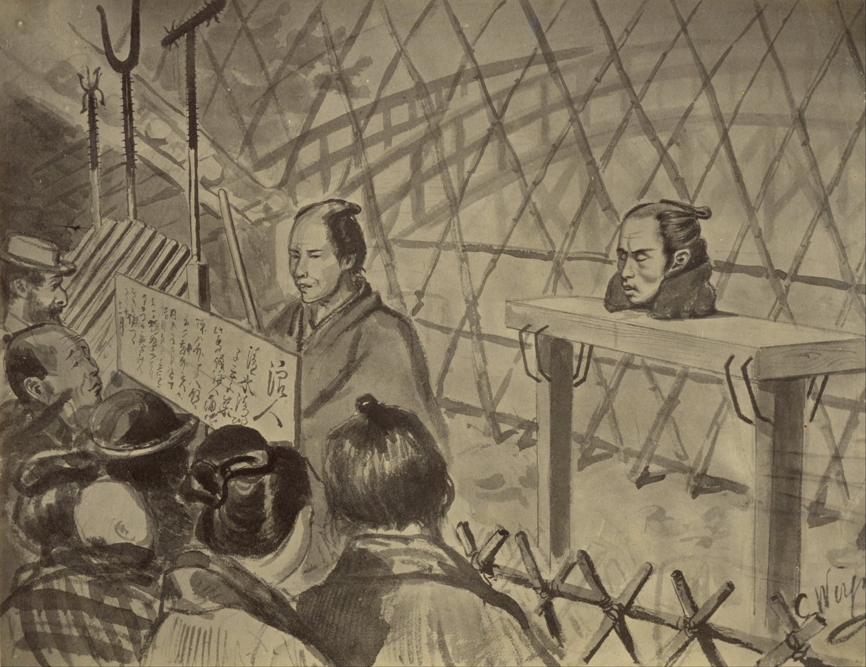 Fotografische Kopie van een Tekening van het Hoofd op een Tafel van een Onthoofde Man door Charles Wirgman door Felice Beato