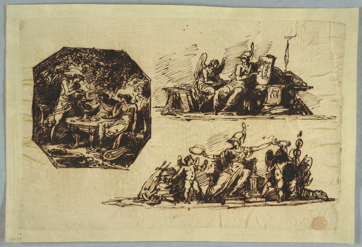 Bacchus, Apollo en Mnemosine; Minerva met Trofeeën door Felice Giani