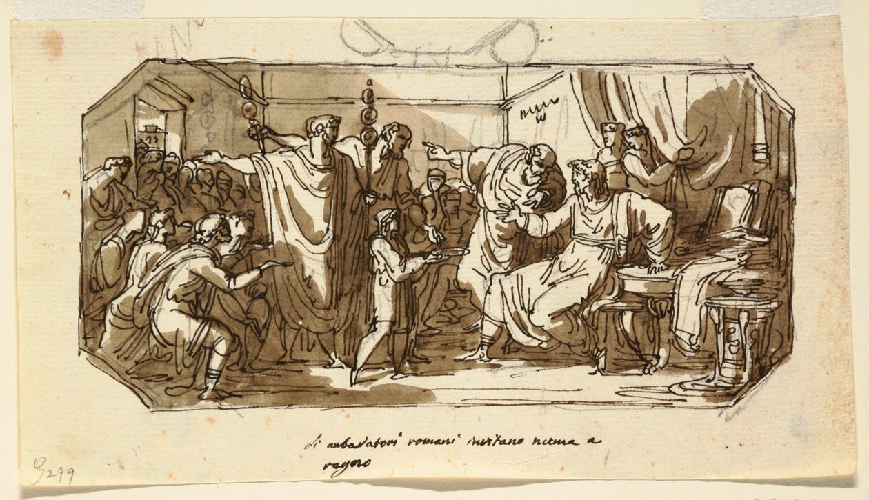 Plafondontwerp: Romeinse Ambassadeur Vraagt de Sabijn Numa Pompilius om over Rome te Regeren, Sala di Numa Pompilio, Palazzo Milzetti, Faenza door Felice Giani