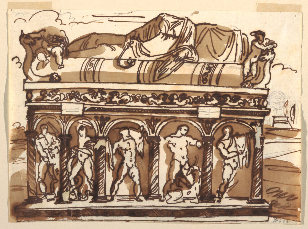 Tekening, Een Romeinse sarcofaag in het Vaticaans Museum, ca. 1820 door Felice Giani