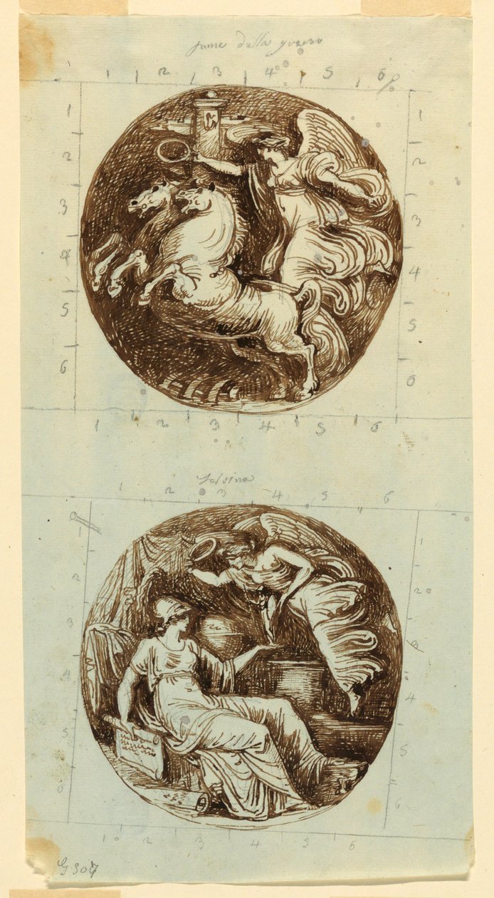 Tekening, Een gevleugelde overwinning op een strijdwagen; Een gevleugelde overwinning die Minerva kroont; twee rondellen, ca. 1805 door Felice Giani