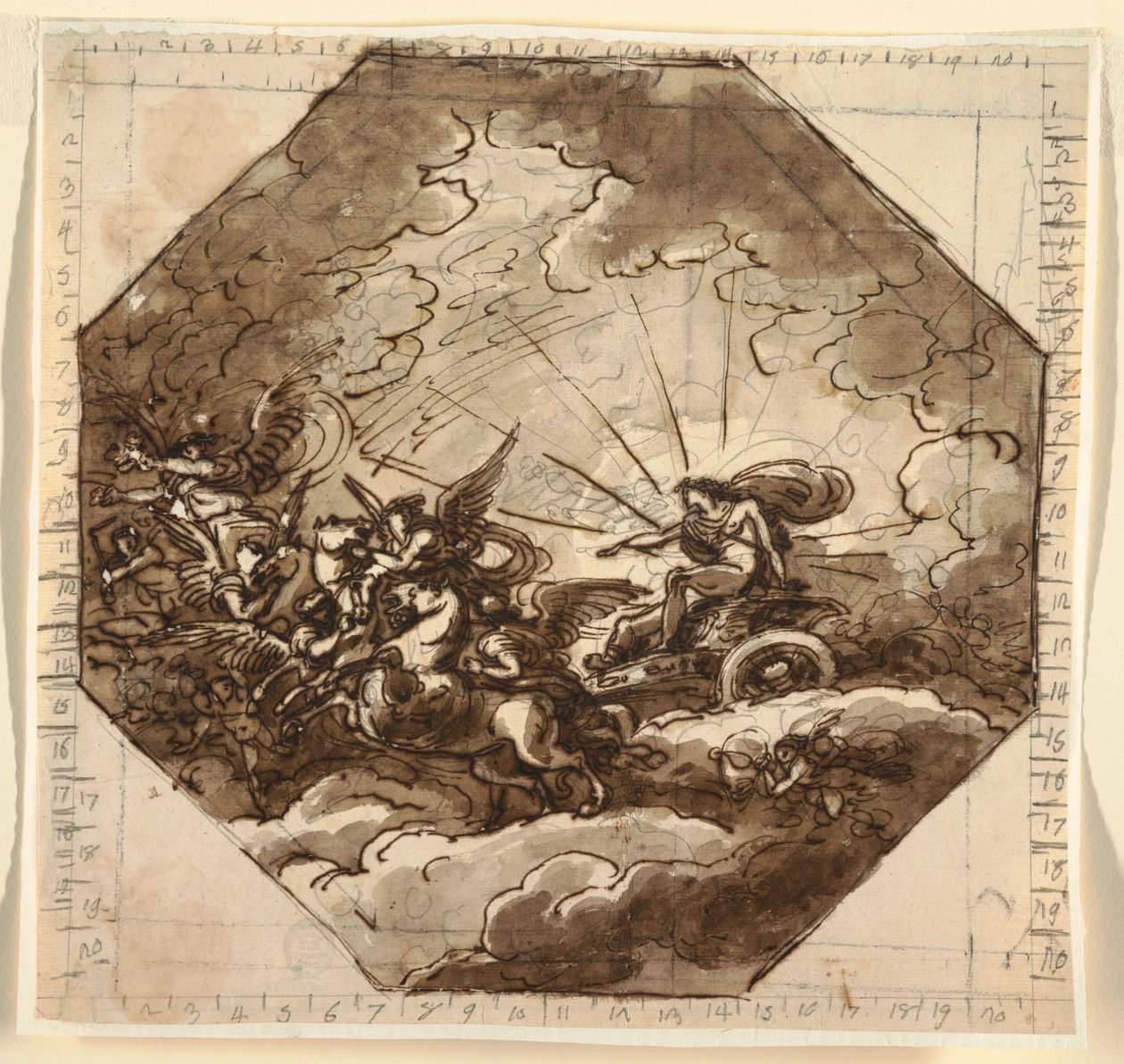 Tekening, Apollo in zijn strijdwagen met Aurora, Sala Ottogonale, Palazzo Milzetti, Faenza, 1804-05 door Felice Giani
