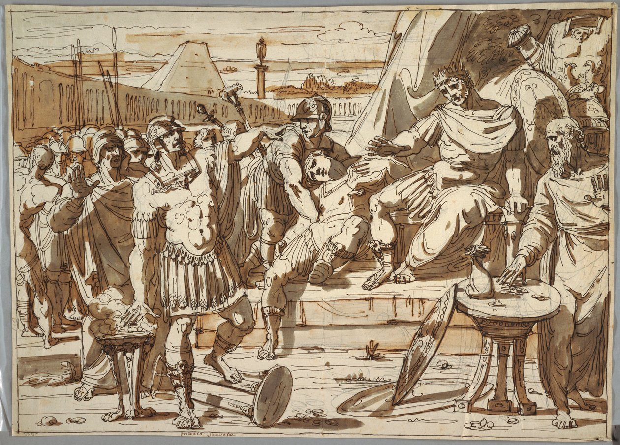 Tekening, Caius Mucius Scaevola en Porsena, 1800-1820 door Felice Giani