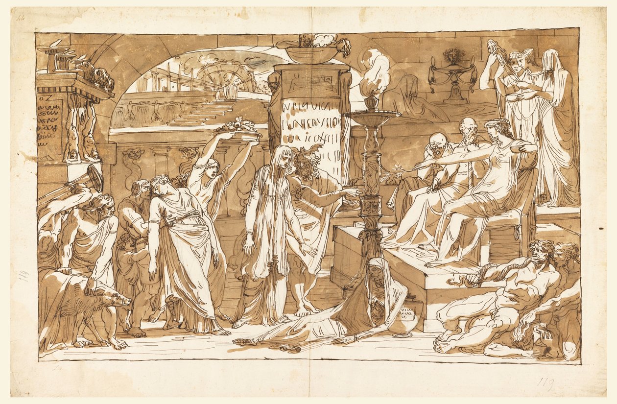Tekening, Hades; Persephone in de onderwereld (offergave aan Proserpine), ca. 1820 door Felice Giani