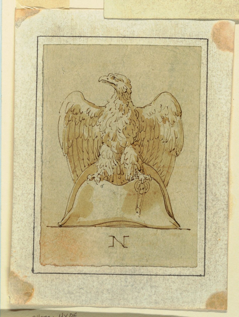 Tekening, Project: Adelaar afgebeeld, met omgekeerde vleugels, staand op een Franse bicornehoed, ca. 1800 door Felice Giani