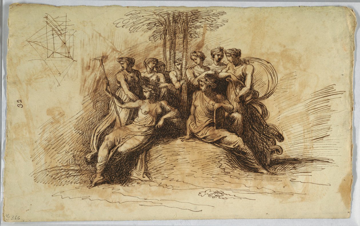 Tekening, Zelfportret van Felice Giani; recto:  Muzen zittend onder een boom, eind 18e-begin 19e eeuw door Felice Giani