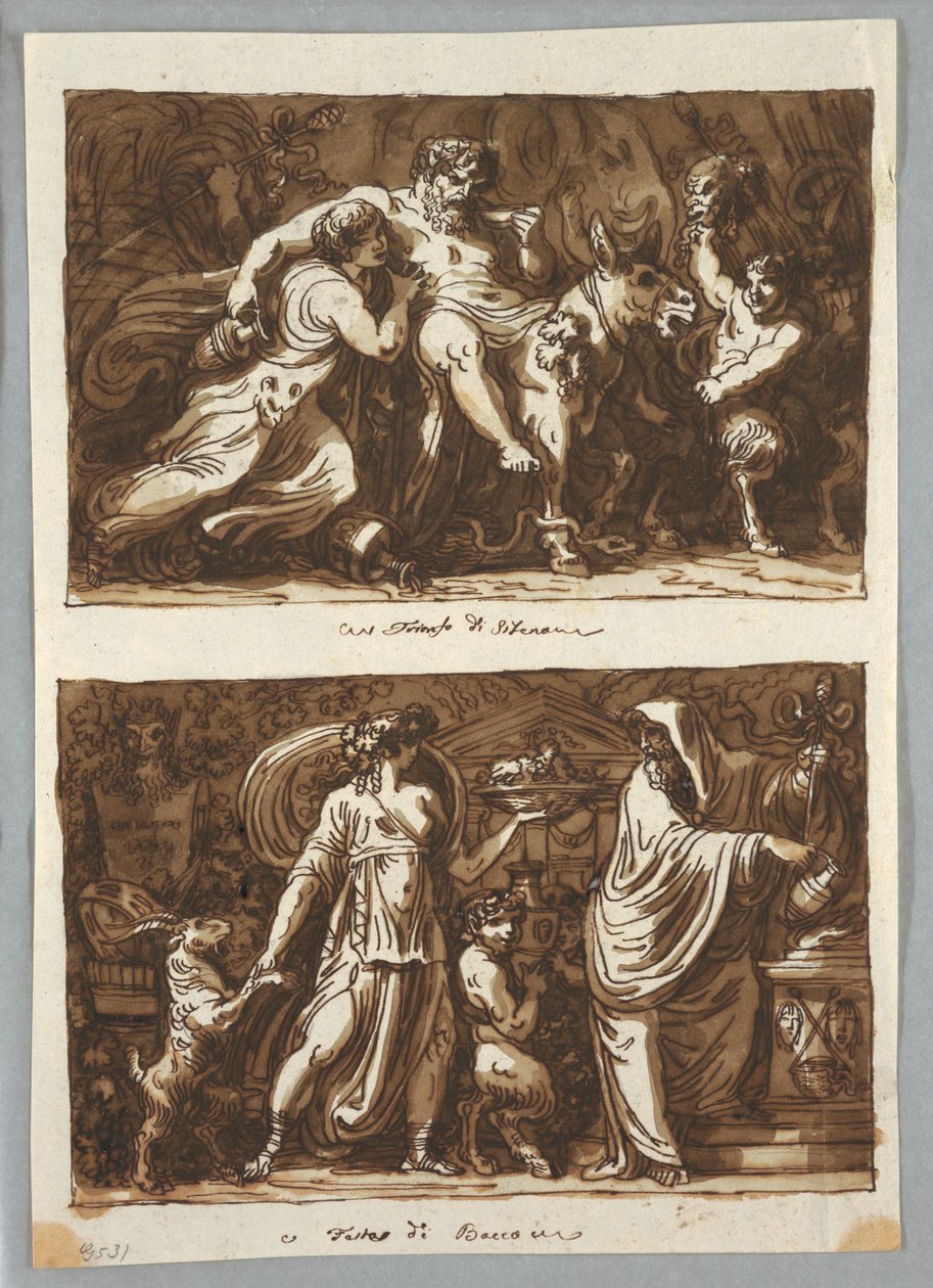 Tekening, blad uit een schetsboek:  De triomf van Silenus; offer aan Bacchus, 1800-1810 door Felice Giani