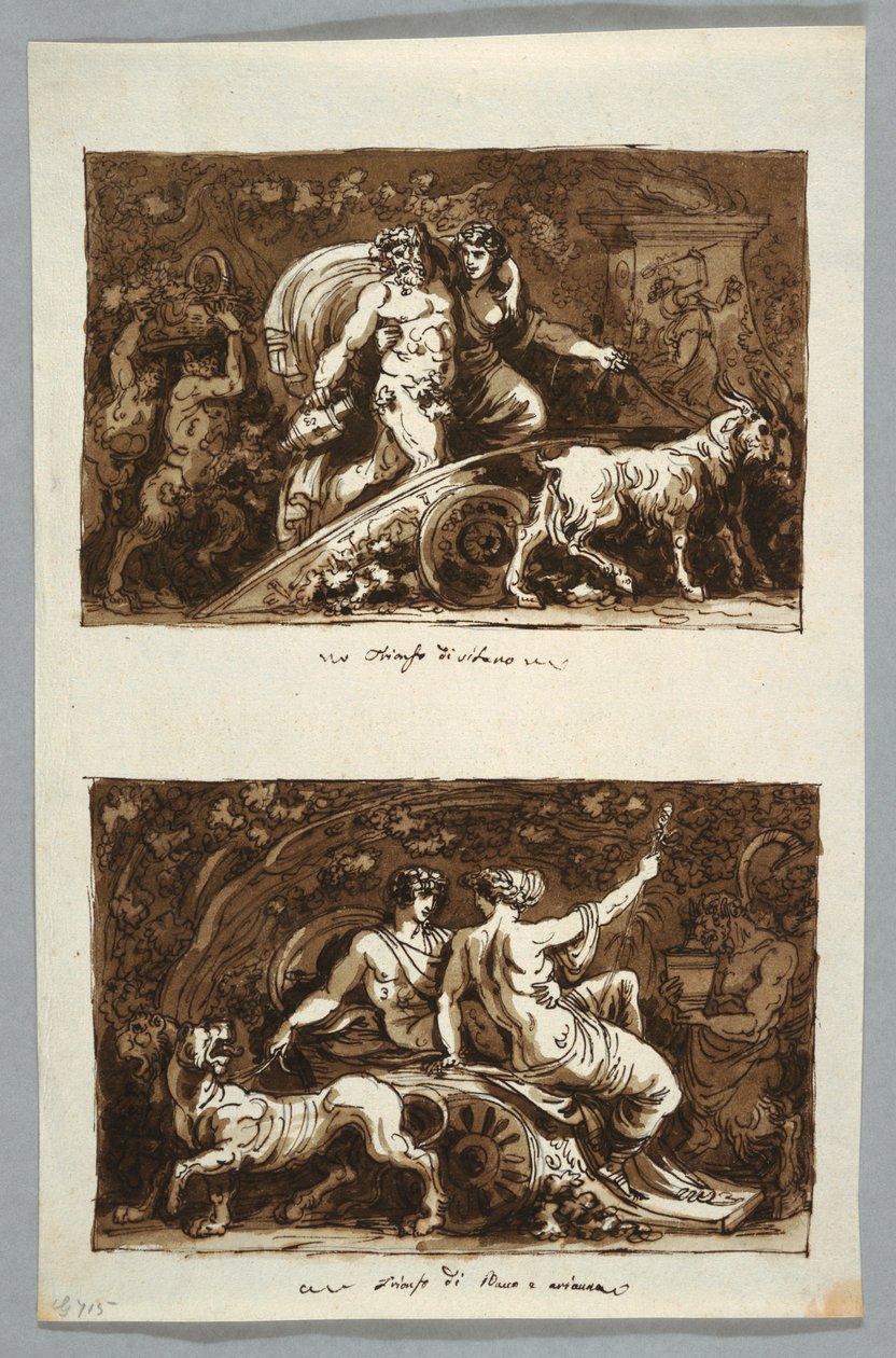 Tekening, blad uit een schetsboek: Triomf van Silenus en Triomf van Bacchus en Ariadne, 1800-1802 door Felice Giani