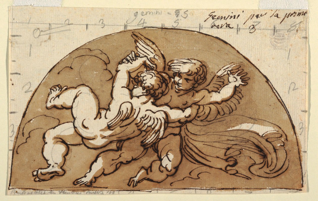 Tweelingen, Lunet voor Plafond, Sala Ottagonale, Palazzo Milzetti, Faenza door Felice Giani