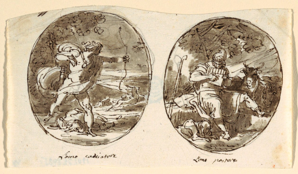 Man de Jager, Man de Herder, Ontwerp voor gewelfd plafond, Sala dei Legislatori, Palazzo Conti-Sinibaldi, Faenza door Felice Giani