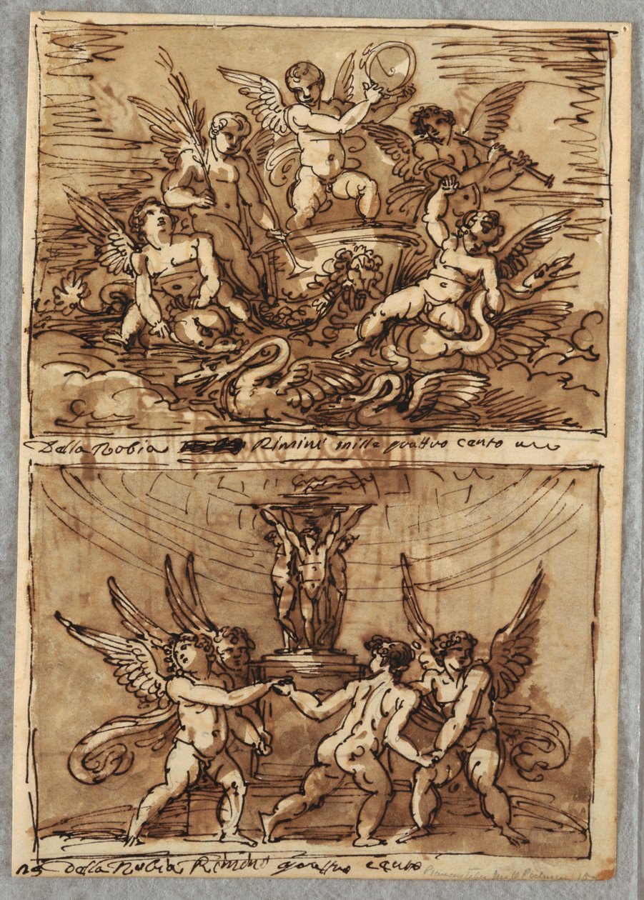 Putti in een wagen met dolfijnen en zwanen door Felice Giani