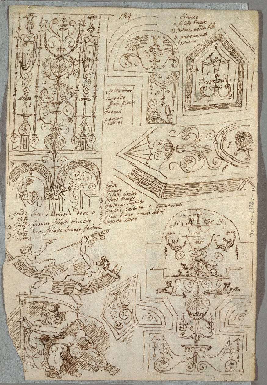 Zes decoratieve studies; Verso, anatomische studie door Felice Giani